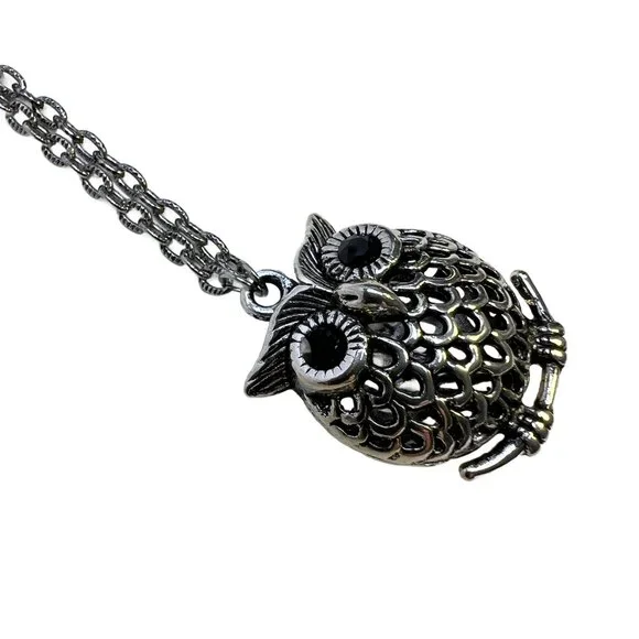 Puffy 3D Owl Pendant with Black Rhinestone Eyes Antique Silver Tone - Picture 4 of 8